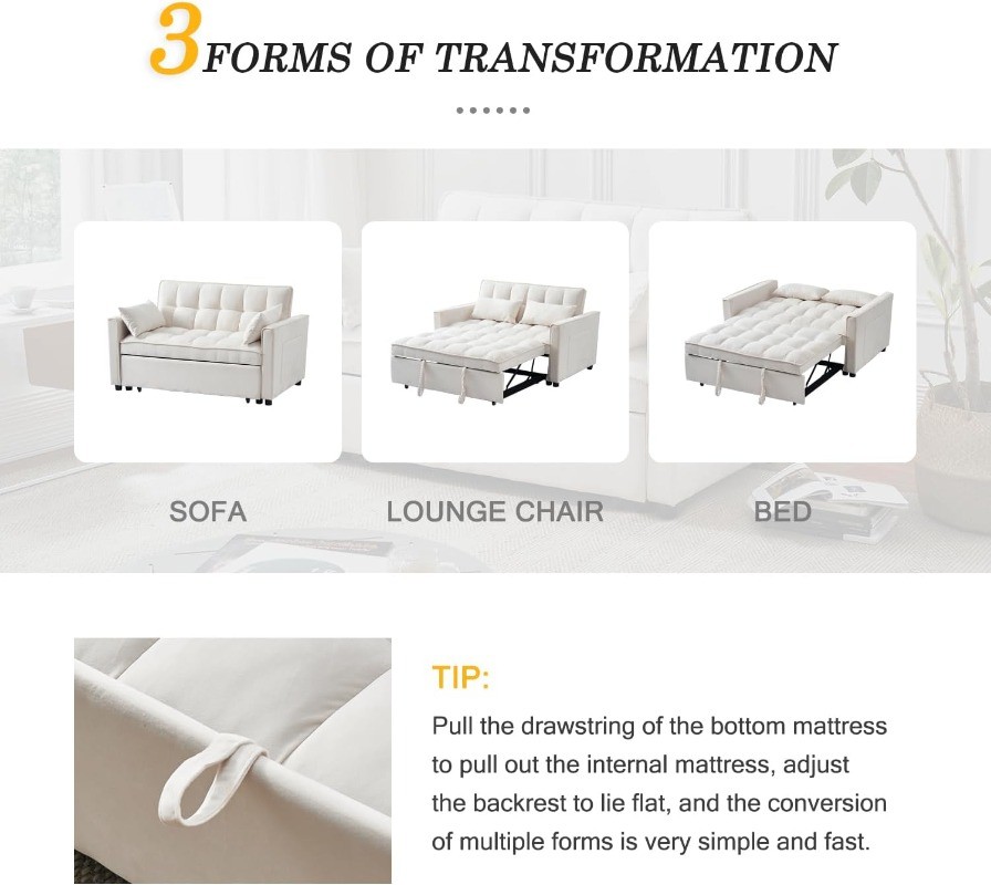 Futon Sofa Bed Modern 3 in 1 Convertible Sleeper Sofa Pull Out Couch Bed Bedroom