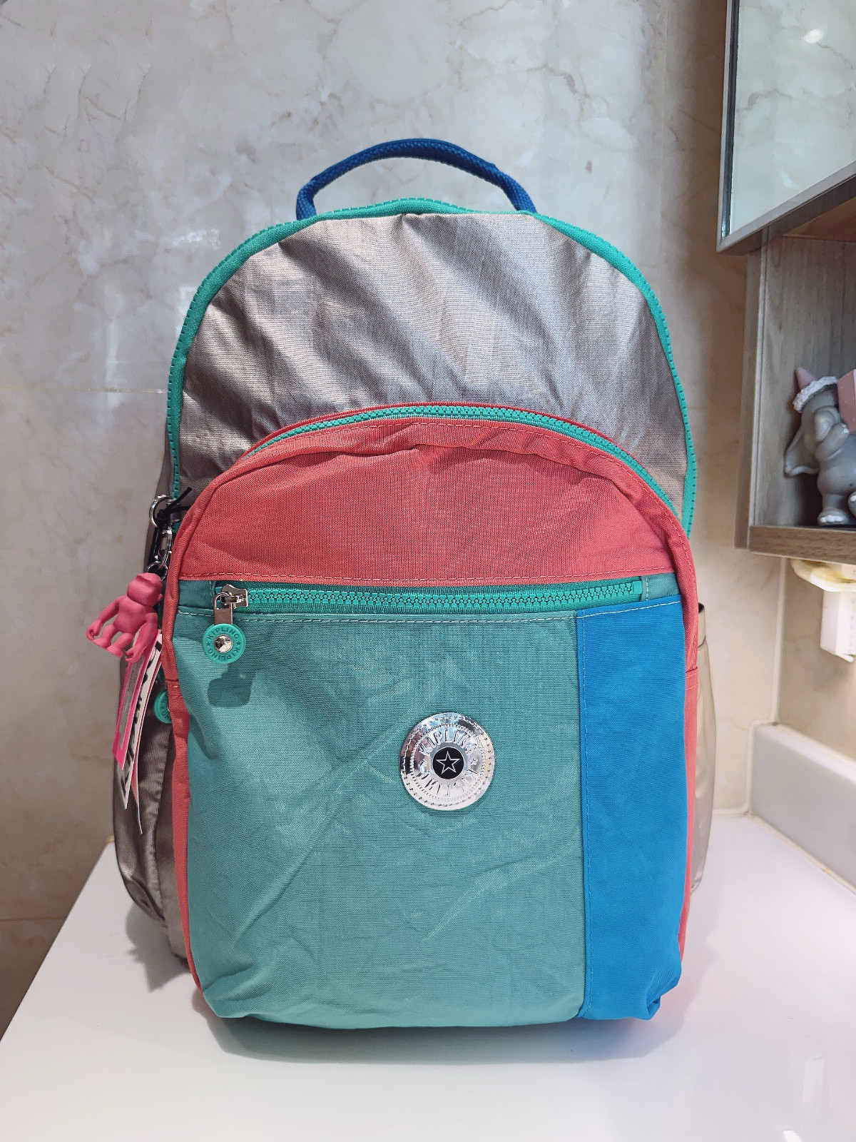 NWT Kipling Seoul vintage laptop Large Backpack in silver multicolor zipper 45cm