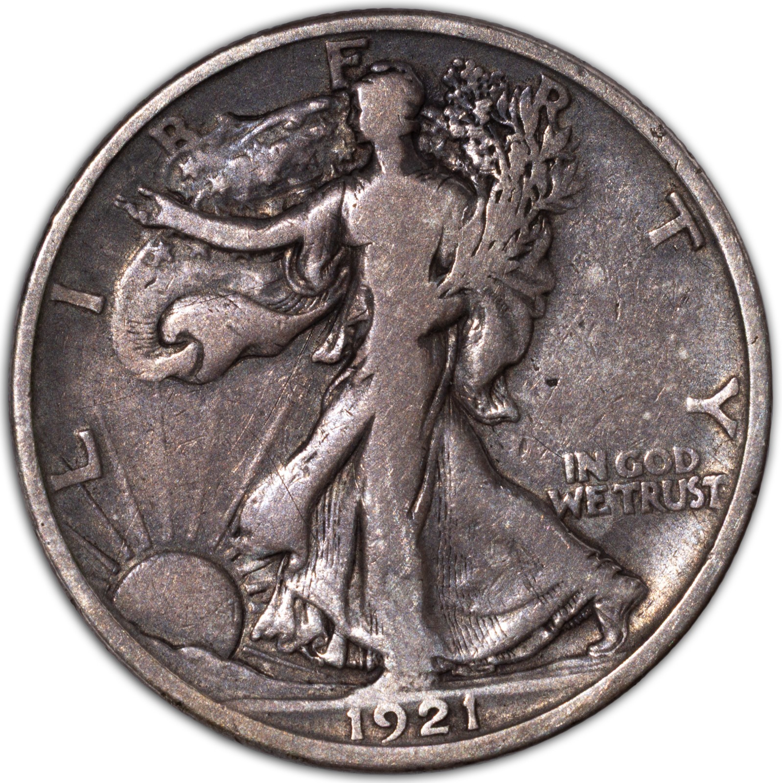 1921-D Very Fine Walking Liberty Silver Half Dollar 50c Denver F/VF+ Details