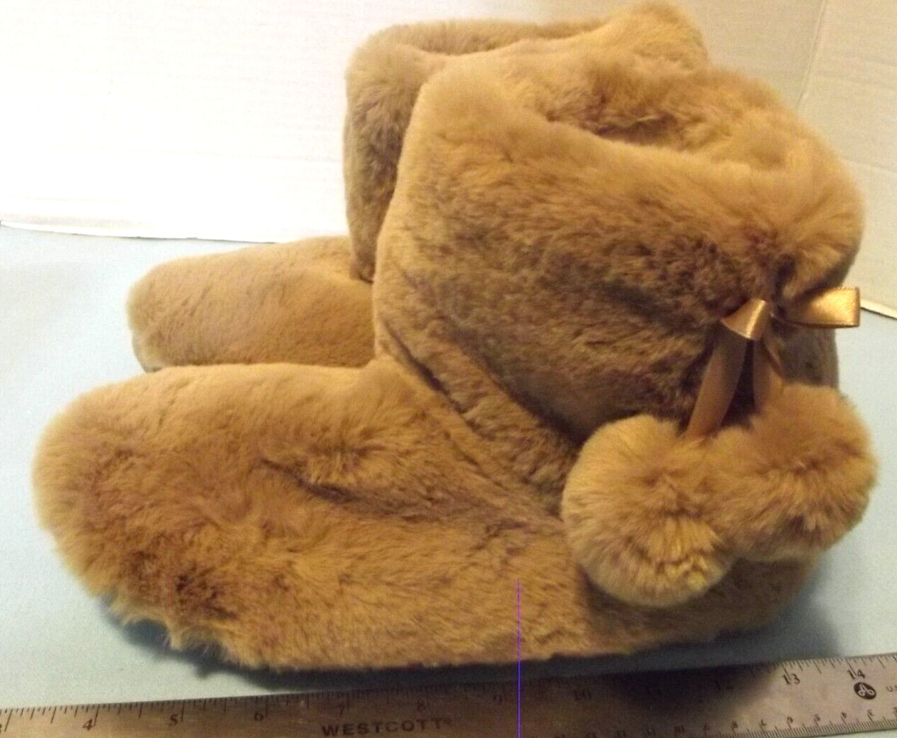 TAN Faux Fur Booties/Slipper Pom Poms, XL 10-11 US