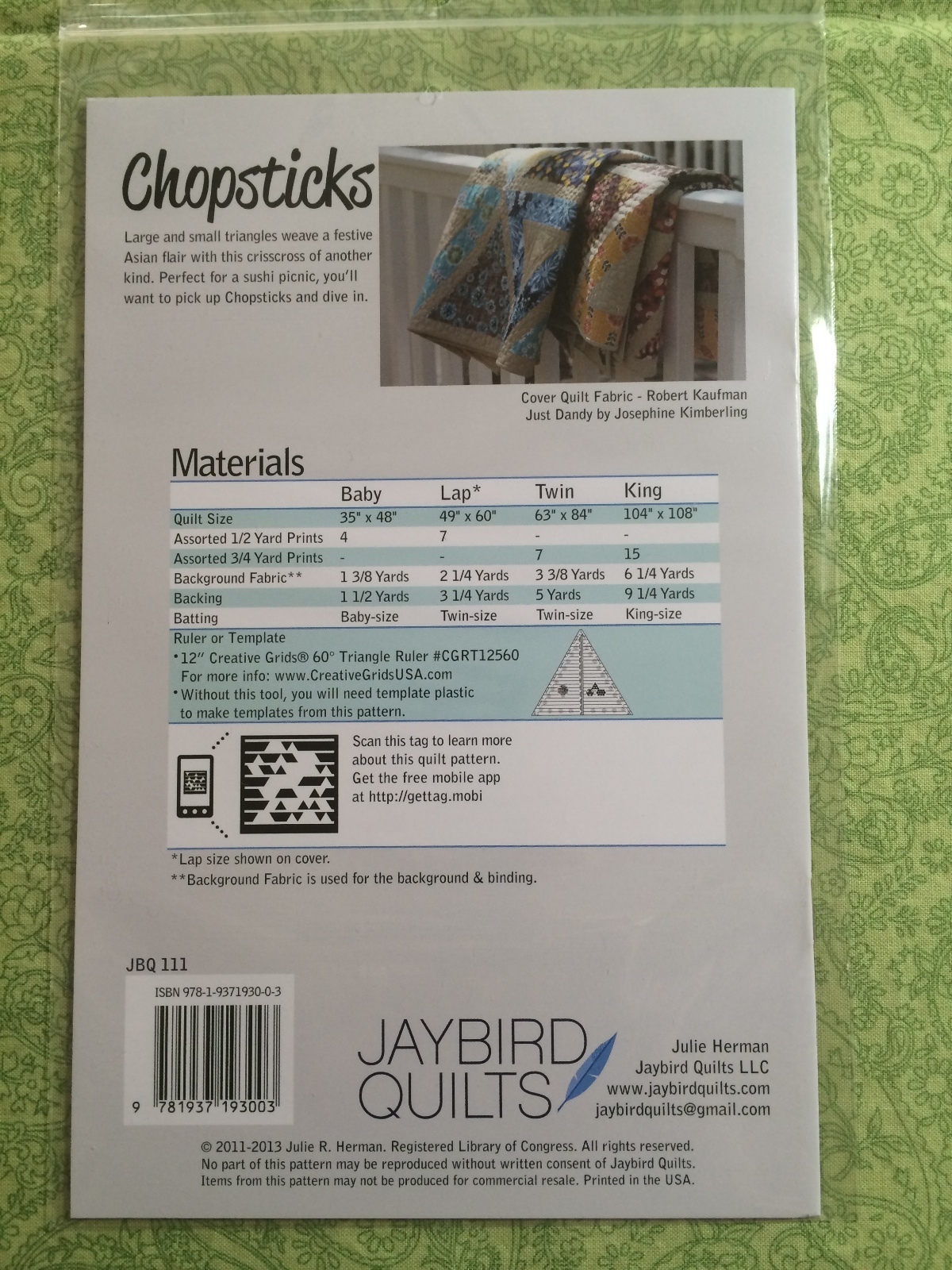 Chopsticks Quilt Pattern ~ Jaybird ~ use Creative Grids 60 Degree Triangle ruler