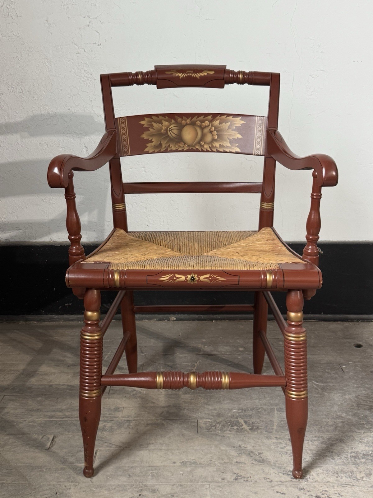 Vintage Hitchcock Red Stenciled Harvest Side Dining Arm Chair w/ Rush Seat