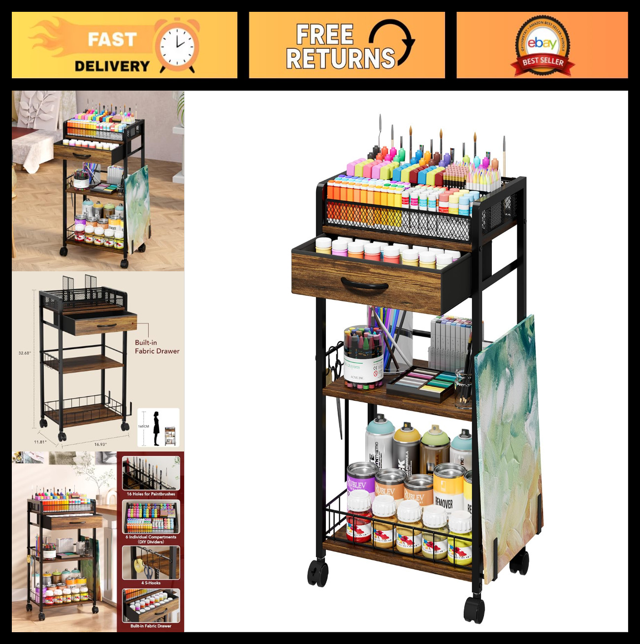 3-Tier Rolling Metal Utility Cart with Storage Drawer & Wheels - Versatile Art &