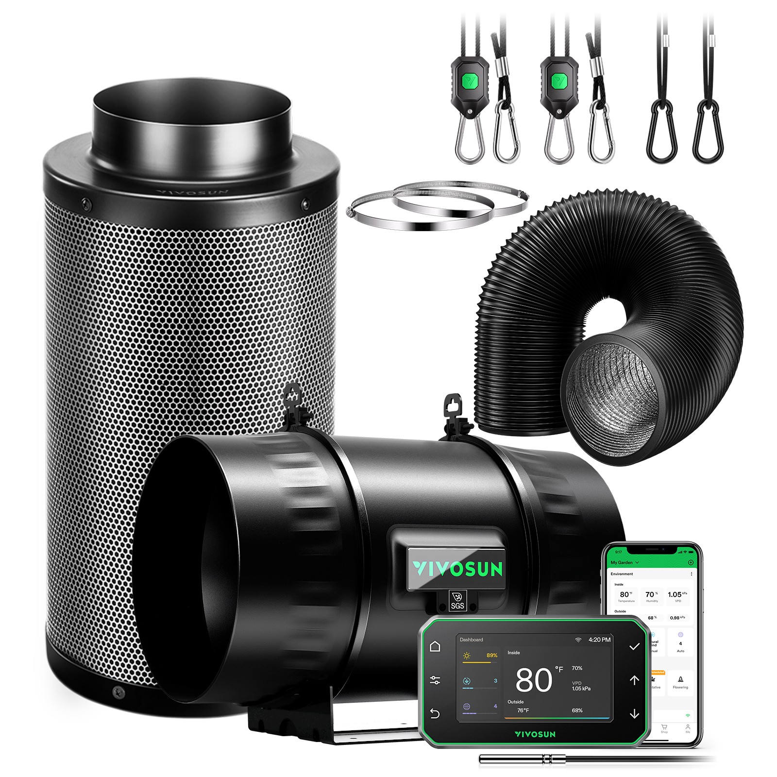 VIVOSUN Smart E42A+ Air Filtration PRO Kit T8 Inline Ducting Fan Filter 832CFM