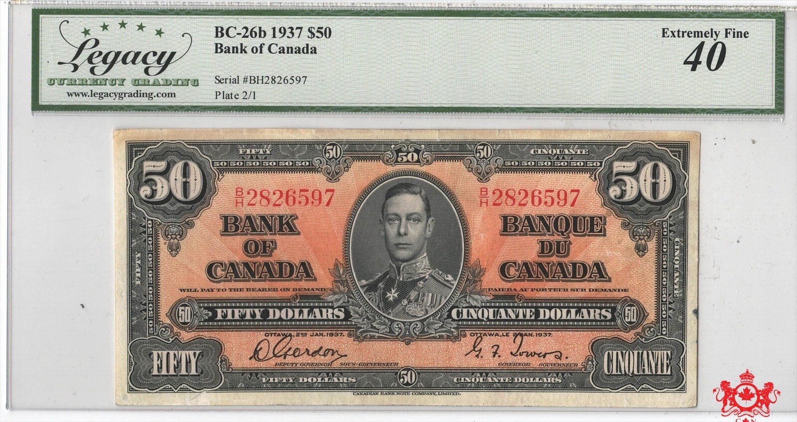 1937 Bank Of Canada 50$ Gordon/Tower B/H2826597 - Legacy EF40 -