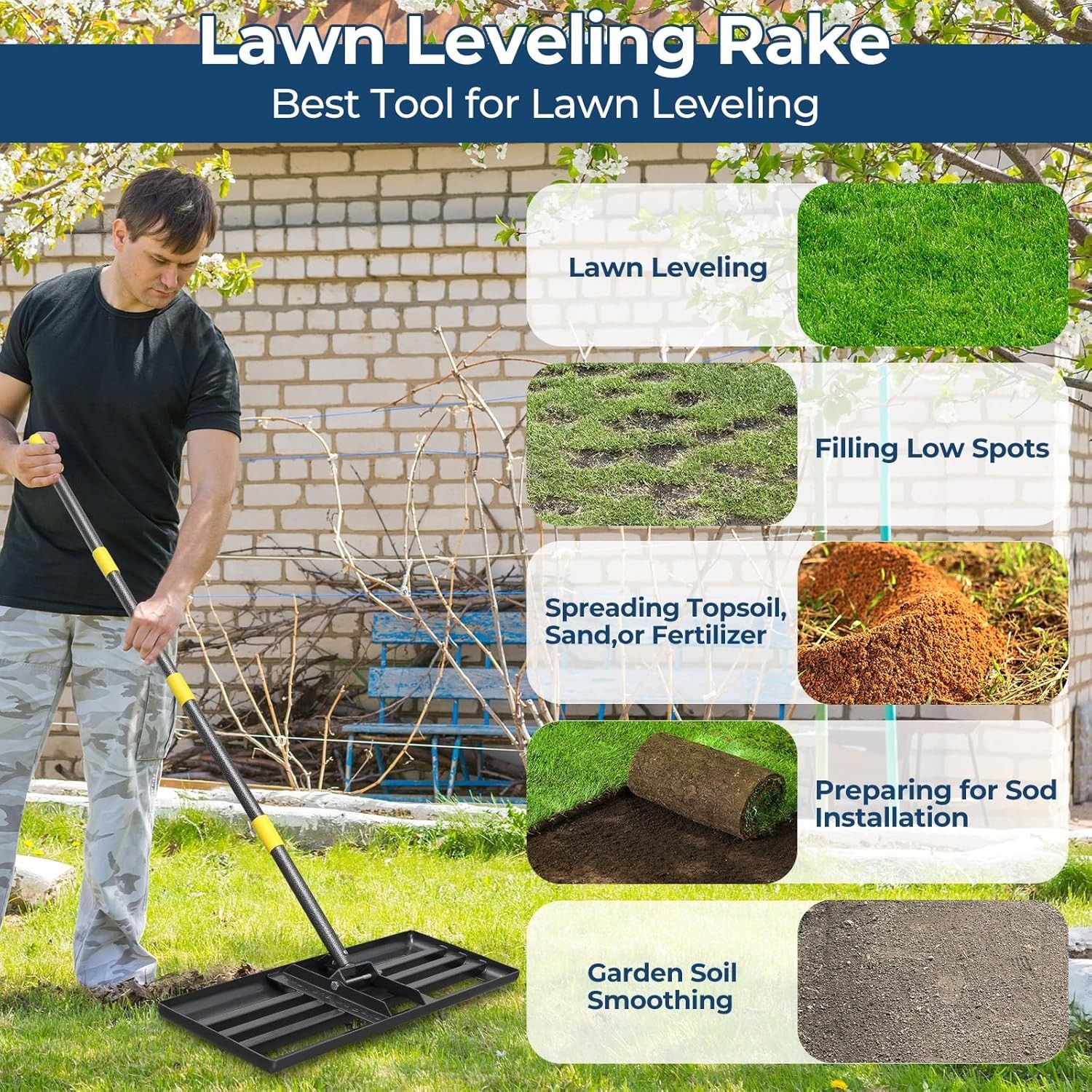 Heavy-Duty Lawn Leveling Rake 30x10in with 80in Adjustable Handle - Rustproof