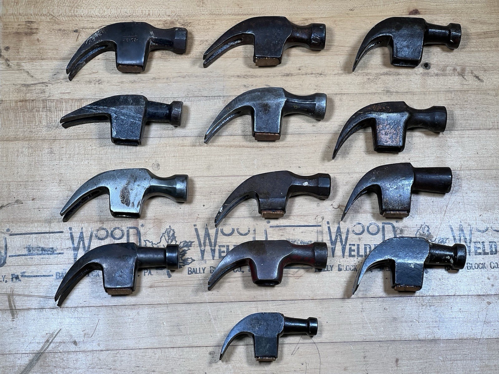 Lot of 13 Vintage Claw Hammer Heads -Stanley, Plumb, Fairmount, Others - 9-18 oz