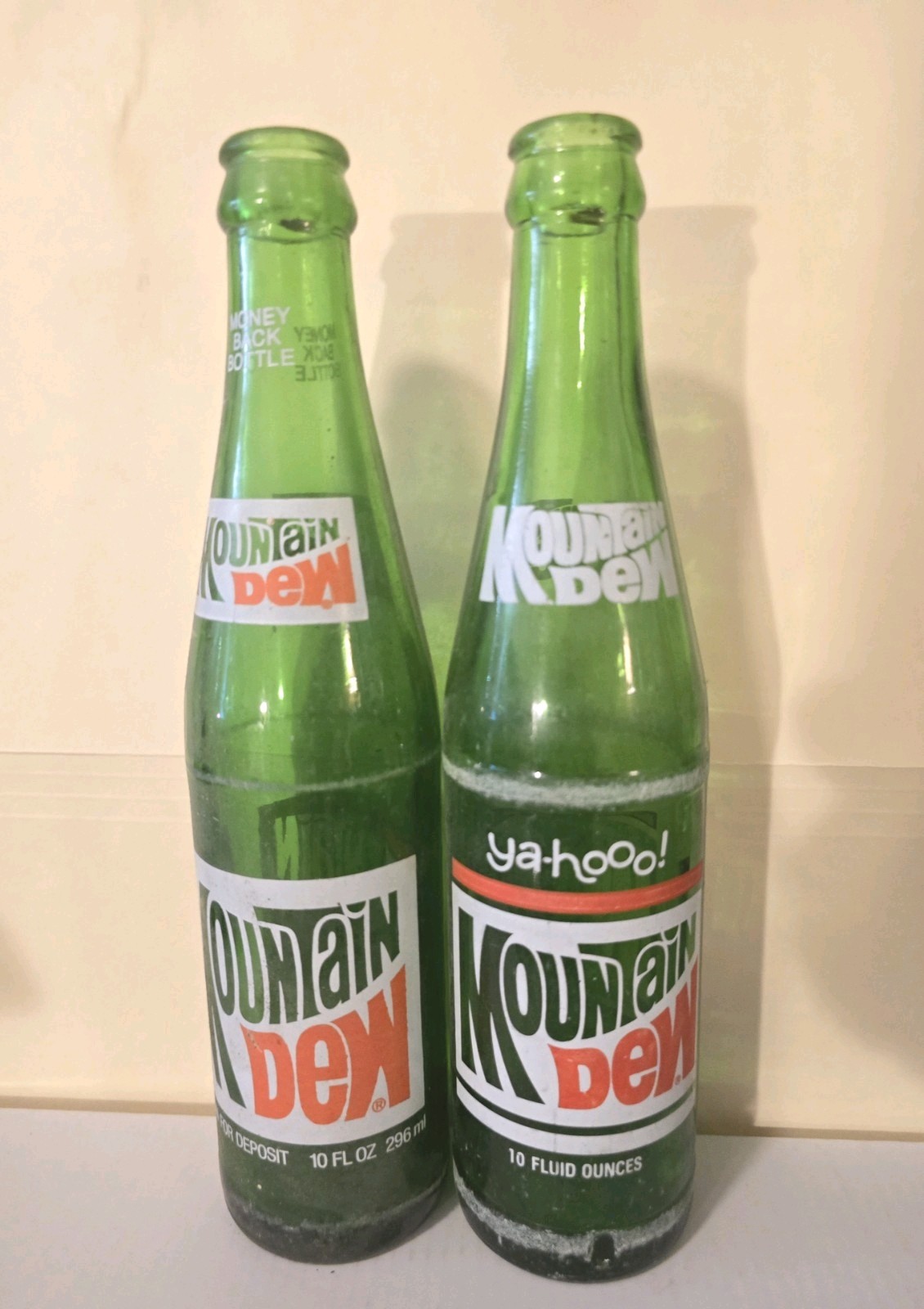 Lot of 2 Vintage Mountain Dew Glass Bottles – 10 oz Green “Ya-Hoo!” Soda Bottles