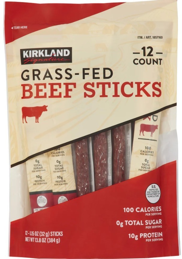 Kirkland Signature Grass-fed Beef Sticks Jerky, Zero Sugar, 1.15 oz, 12-count