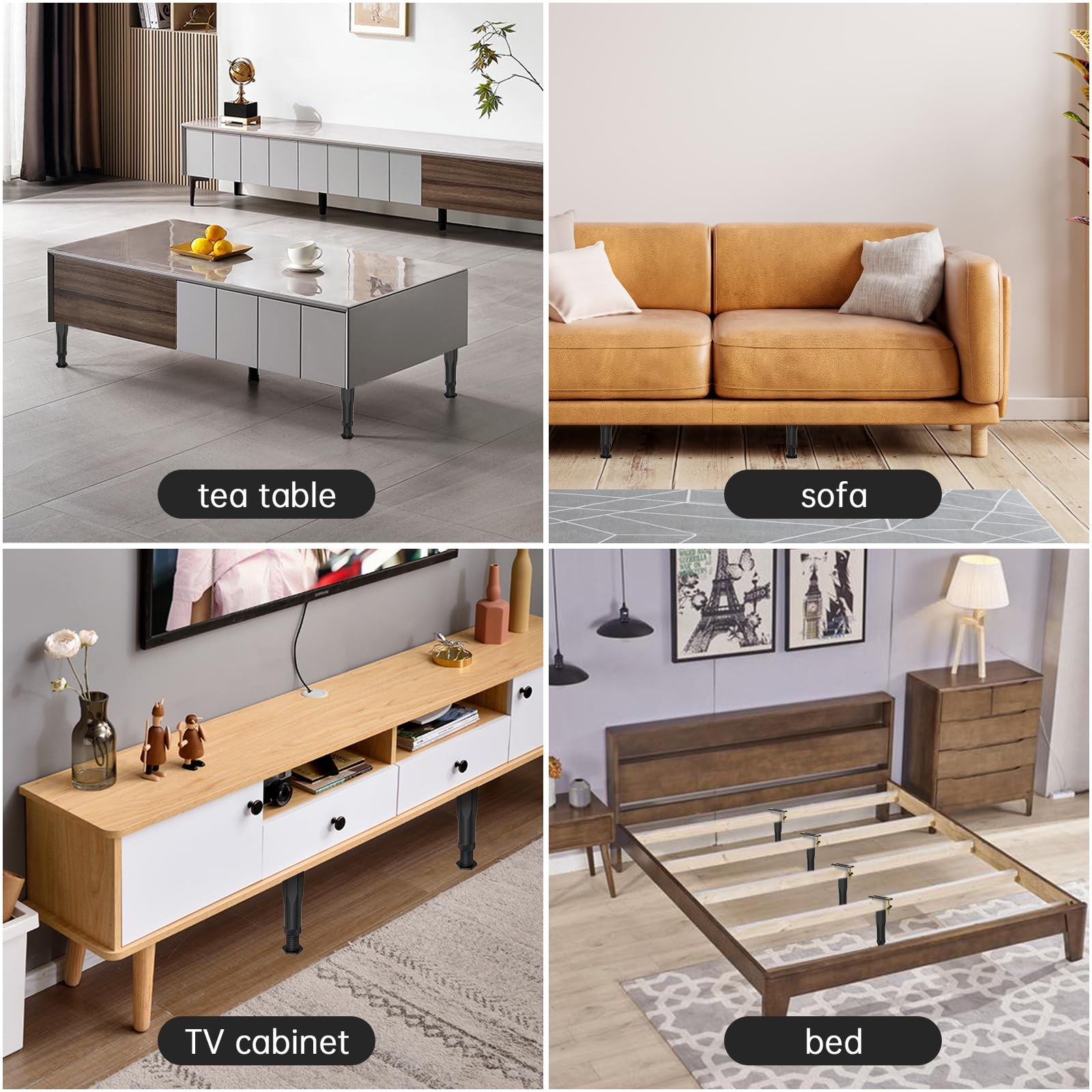 Adjustable Bed Frame Support Legs 8.3"-14.5" Height - 30% Wider Base