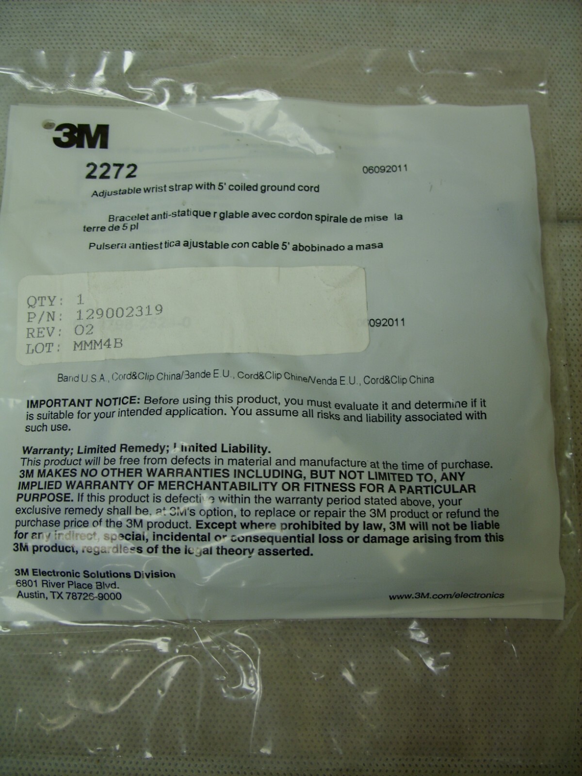 3M 2272 Adjustable Static Control Wrist Strap with 5' Coiled Ground Cord NIP