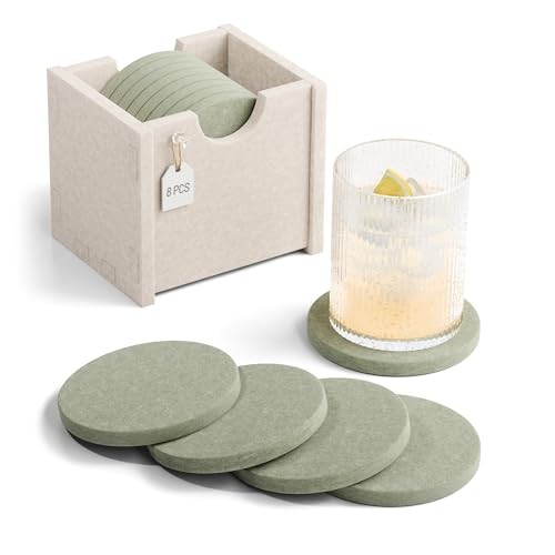 Felt Coasters for Drinks, Set of 8 Absorbent Coasters Round - 8 Count Sage