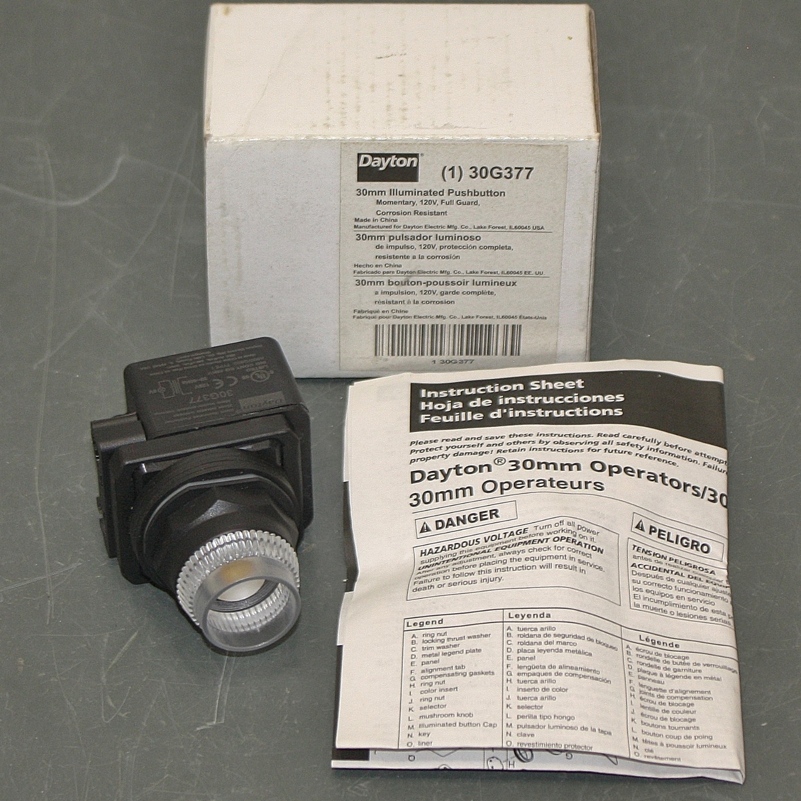 Dayton Illuminated Push Button 30G377, 30 mm Mount, LED, Momentary, Clear