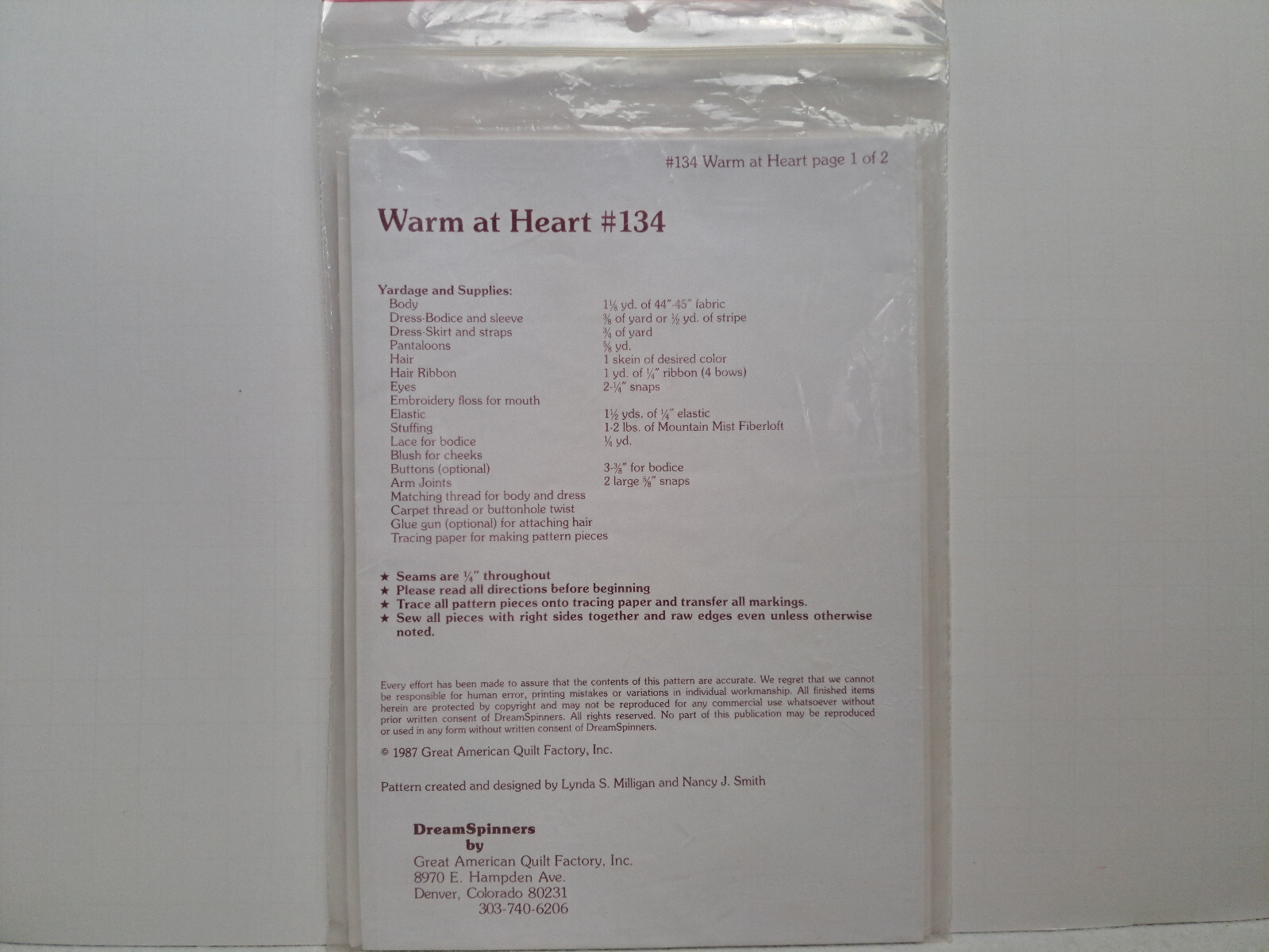Dream Spinners Quilt Pattern - Warm at Heart (28" Draft stopper Doll) #134