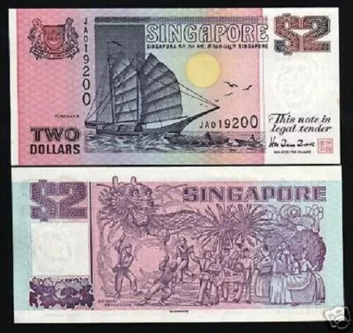 SINGAPORE 2 Dollars P-37 ND 1998 x 1 Pcs Singaporean BOAT DANCERS UNC BANK NOTE