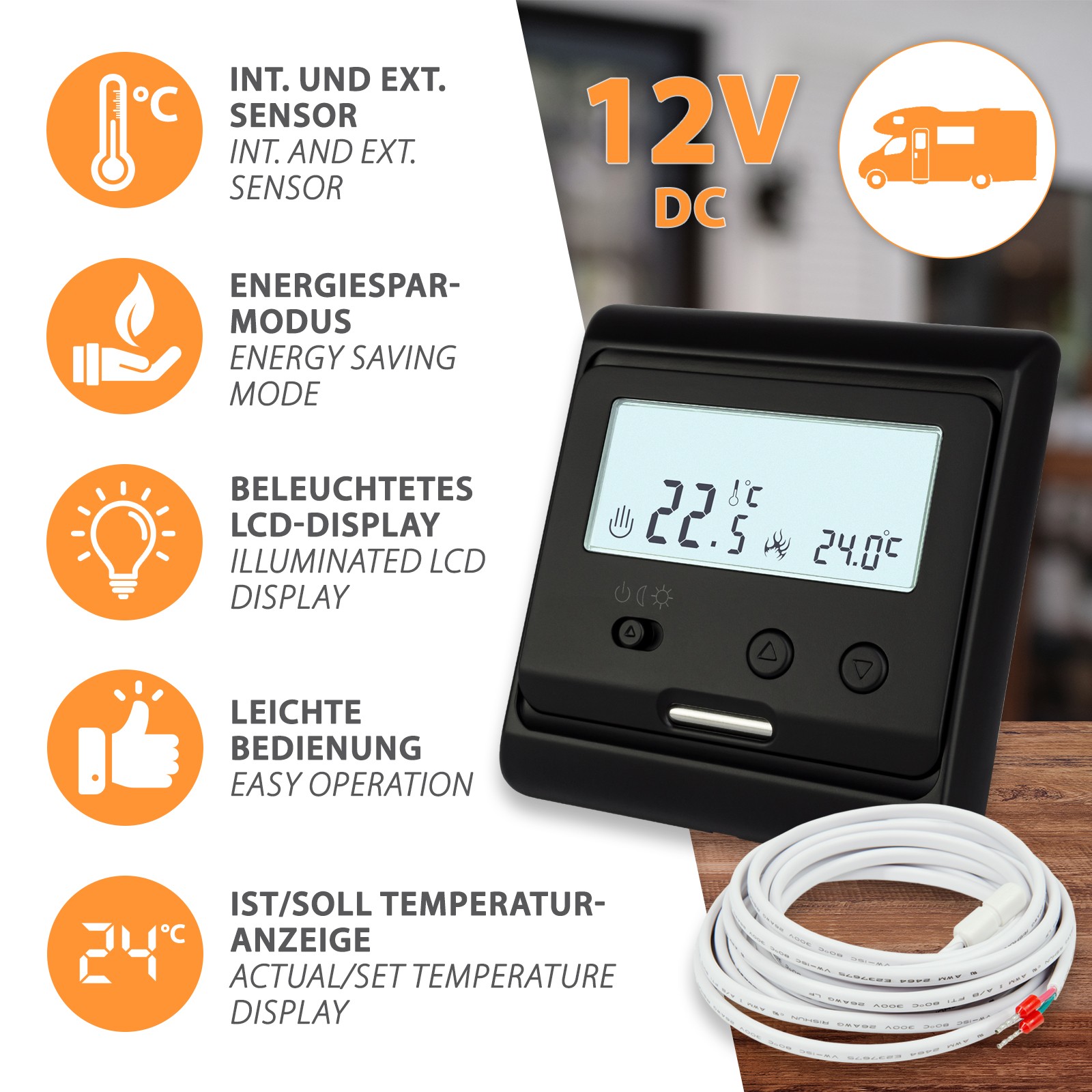 12V 24V Thermostat Temperature Controller Black Caravan Underfloor Heating Motorhome