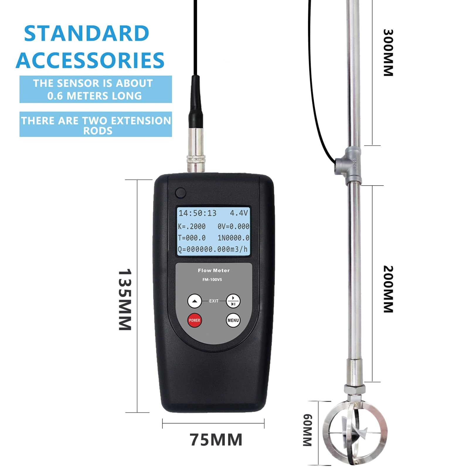 FM-100V5 Portable Velocity Flow Meter Flowmeter Water Velocity Meter Speed Range