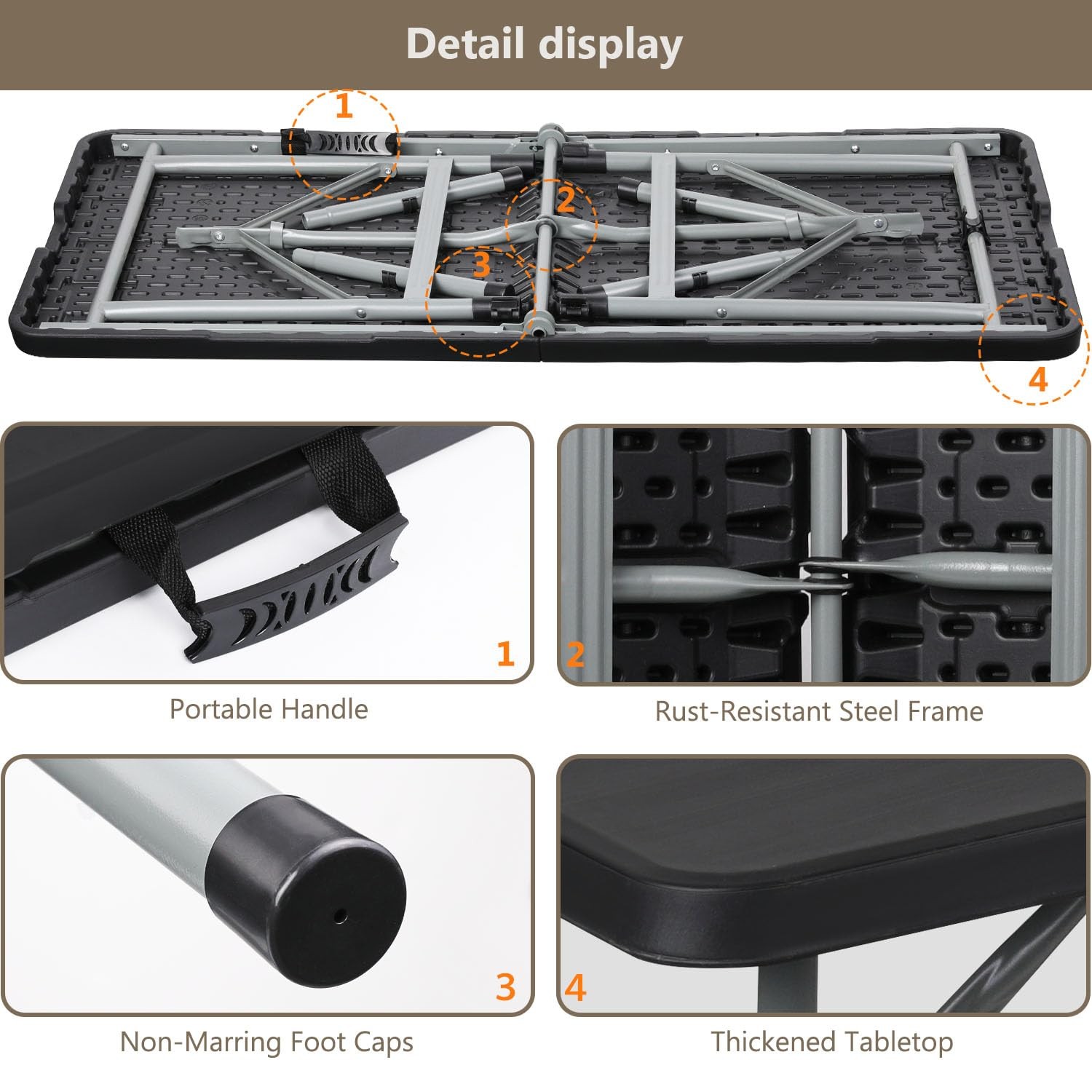 6ft Folding Table with Carry Handle, Portable Heavy Duty Plastic Utility Tabl...