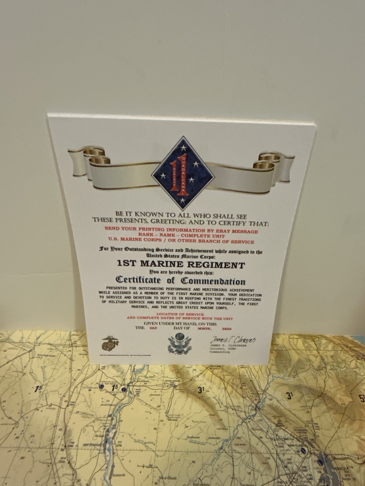U.S. MARINE CORPS / 1ST MARINE REGIMENT (1 MARDIV) - CERTIFICATE OF COMMENDATION