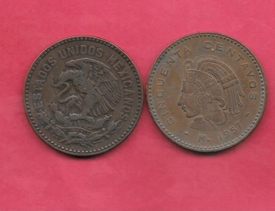 MEXICO MEXICAN KM450 1957 VF-VERY FINE CIRCULATED OLD ANTIQUE 50 CENTAVOS COIN
