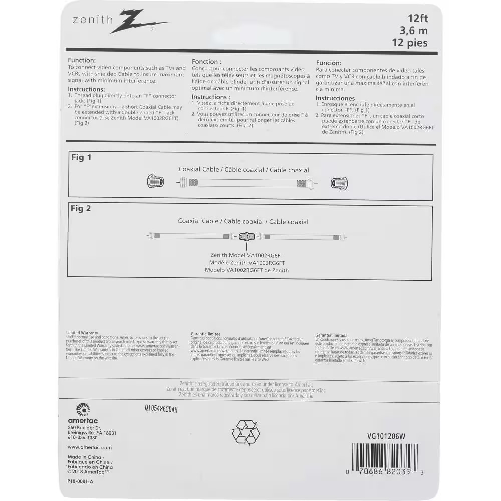 12 Ft. RG6 Coaxial Cable, White
