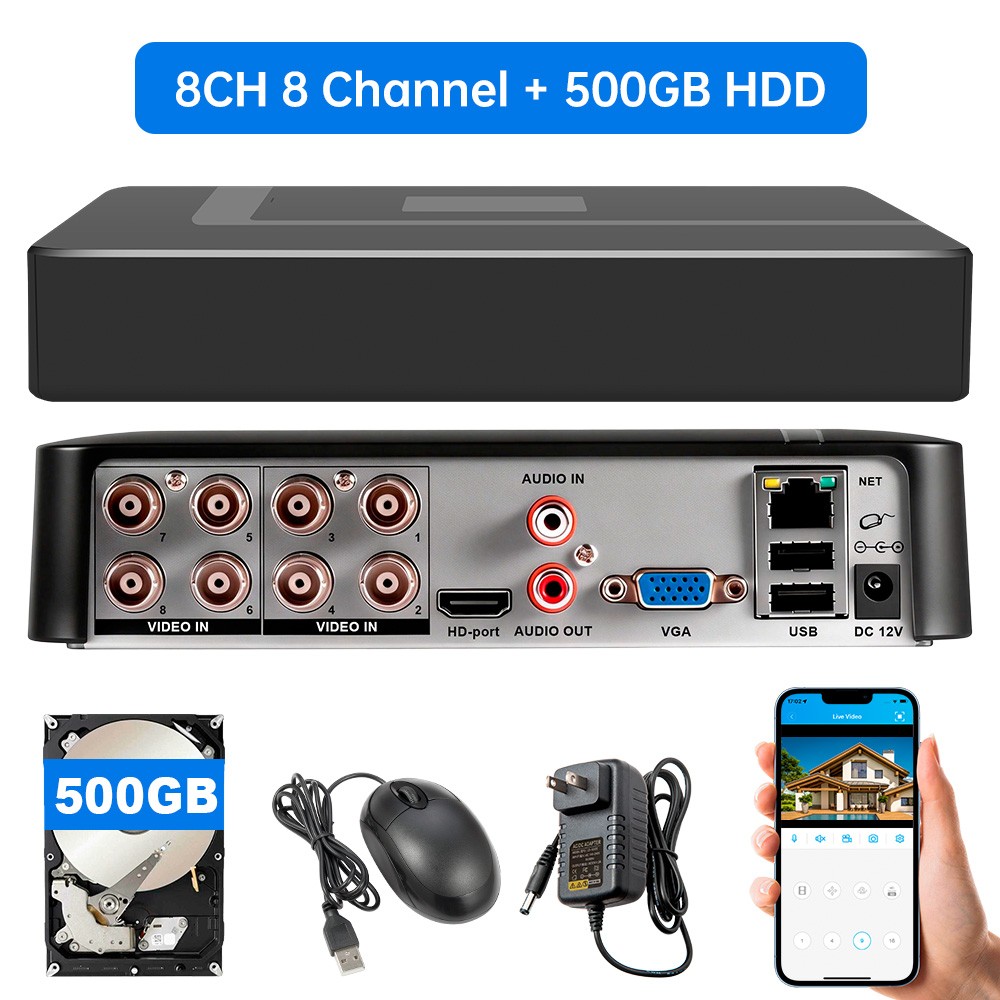 8 Channel 4-in-1 Household Security DVR H.265 Encoding Preloaded 500GB Disk