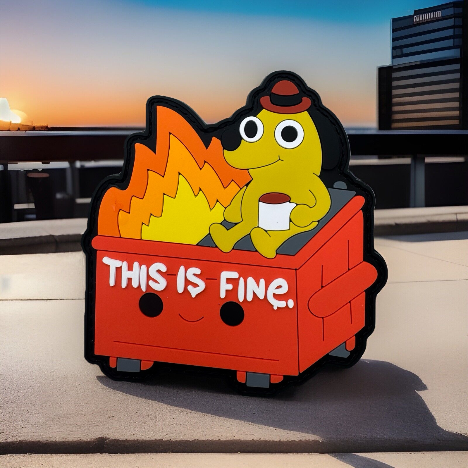 This Is Fine Dumpster Fire Rubber PVC Hook/Loop Morale Patch Glow In The Dark