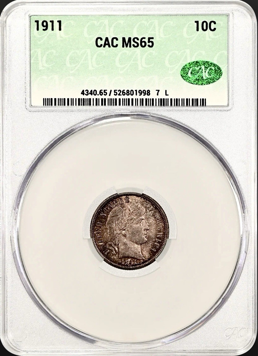 1911 BARBER DIME CACG MS65