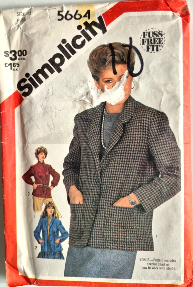 SIMPLICITY PATTERN  5664  JACKETS  MISSES SIZE  12  UNCUT  VINTAGE   1982