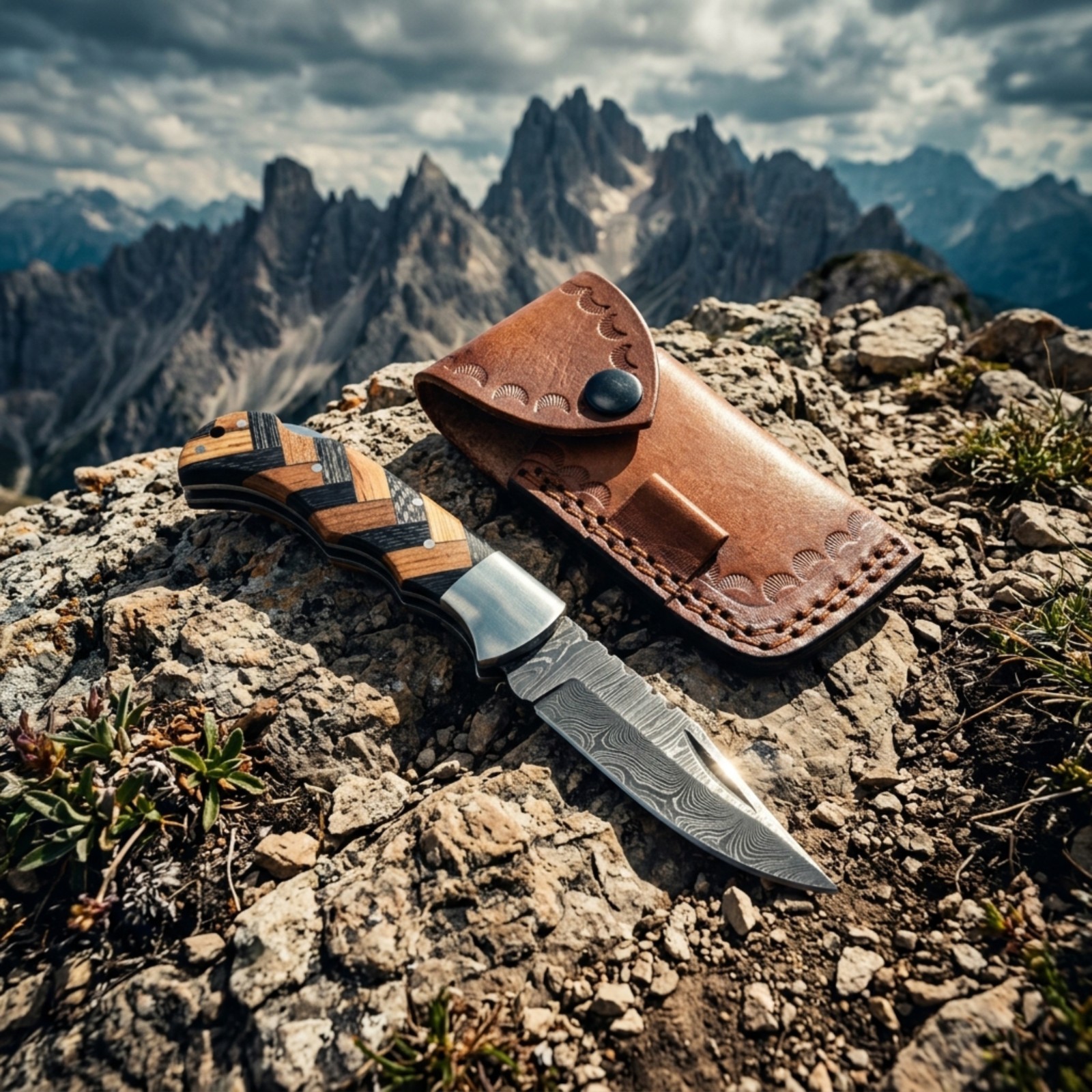 Handmade Forged Custom Damascus Steel Folding Pocket Knife with Leather Sheath