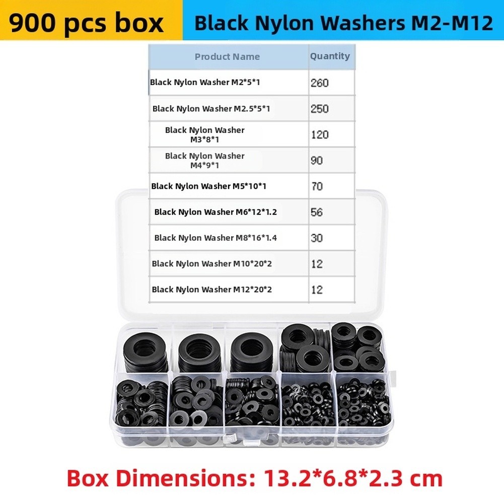 Flat Washers 900PCS Black Nylon Kit with Metric Sizes M2 through For