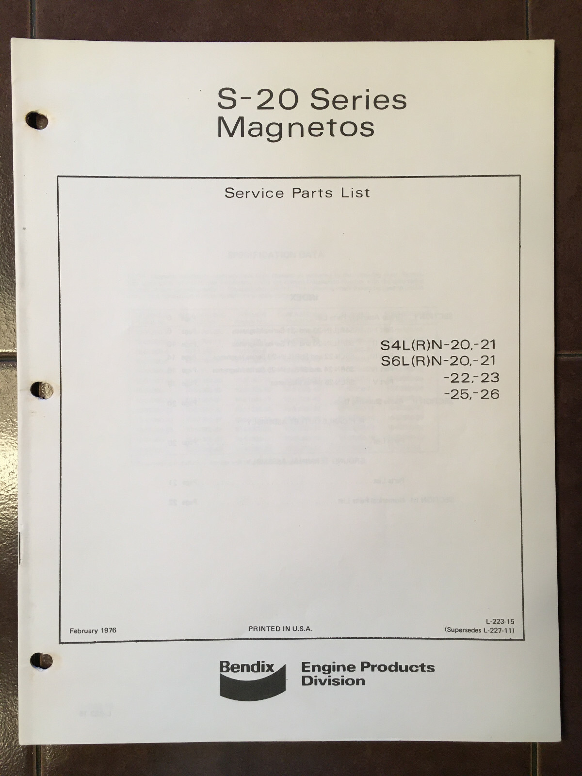 S-20 Magnetos Parts Lists Instructions Manual for S4L(R)N  &  S6L(R)N Series