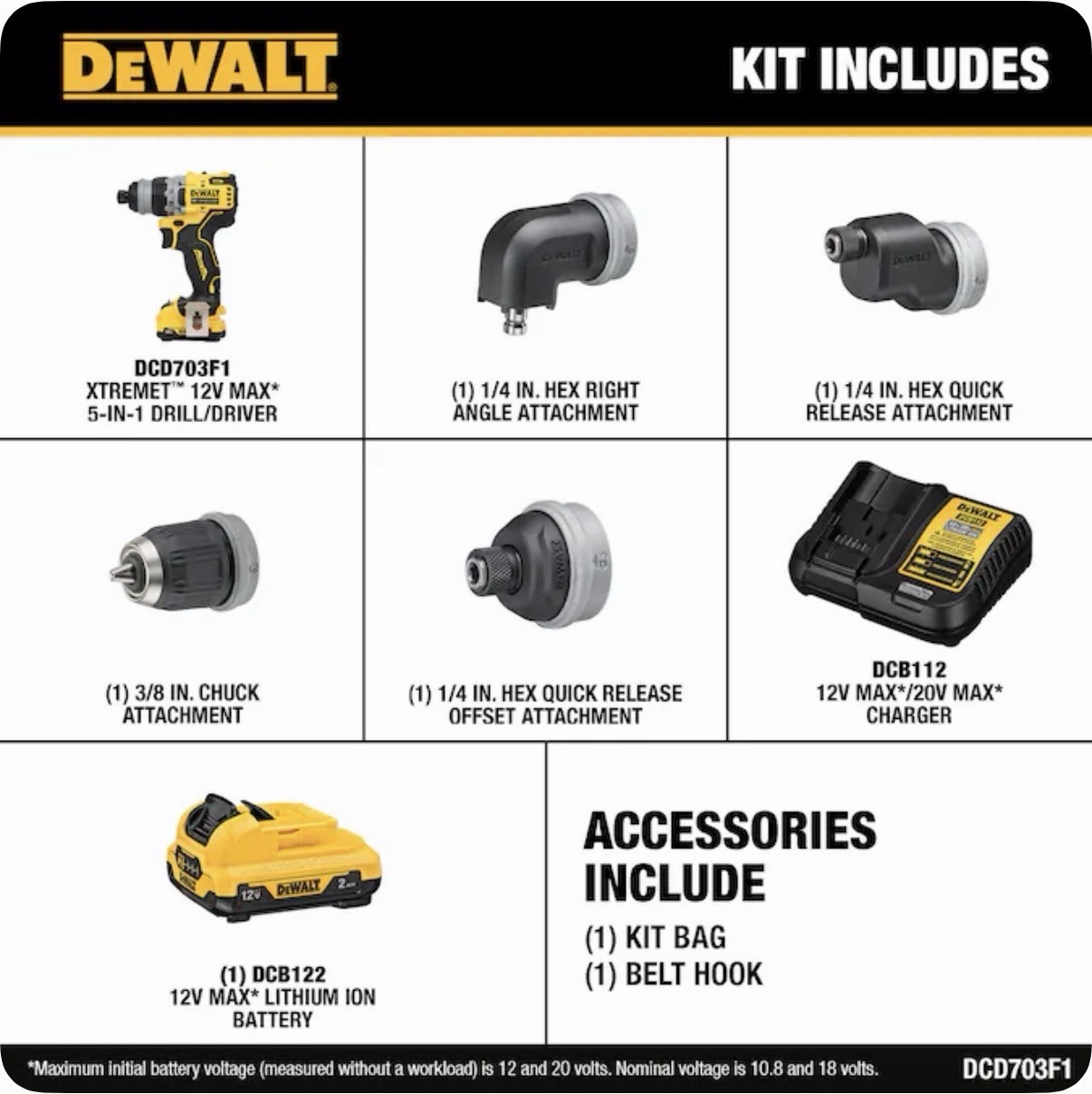 DEWALT 12 Volt DCD703F1 12V MAX Brushless Cordless 5-in-1 Drill/Driver Kit