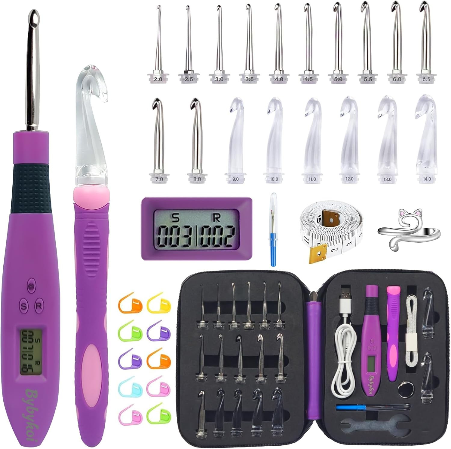 Light up Crochet Hooks Set-18 Sizes Digital Crochet Hook with Counter 2.0~14.0Mm