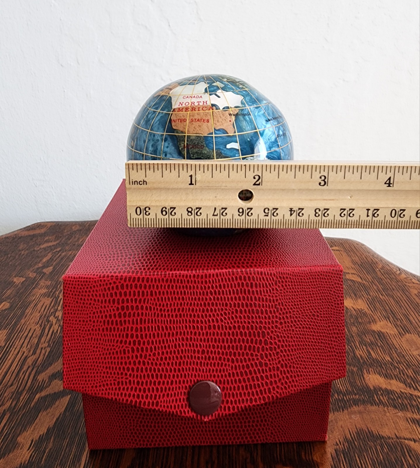 Handcrafted Gemstone Globe Paperweight in Decorative Red Box