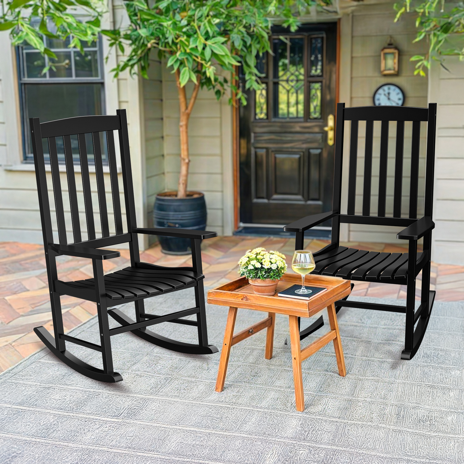 2PCS Outdoor Natural Wood Porch Rocking Chair Weather Resistant High Back Black