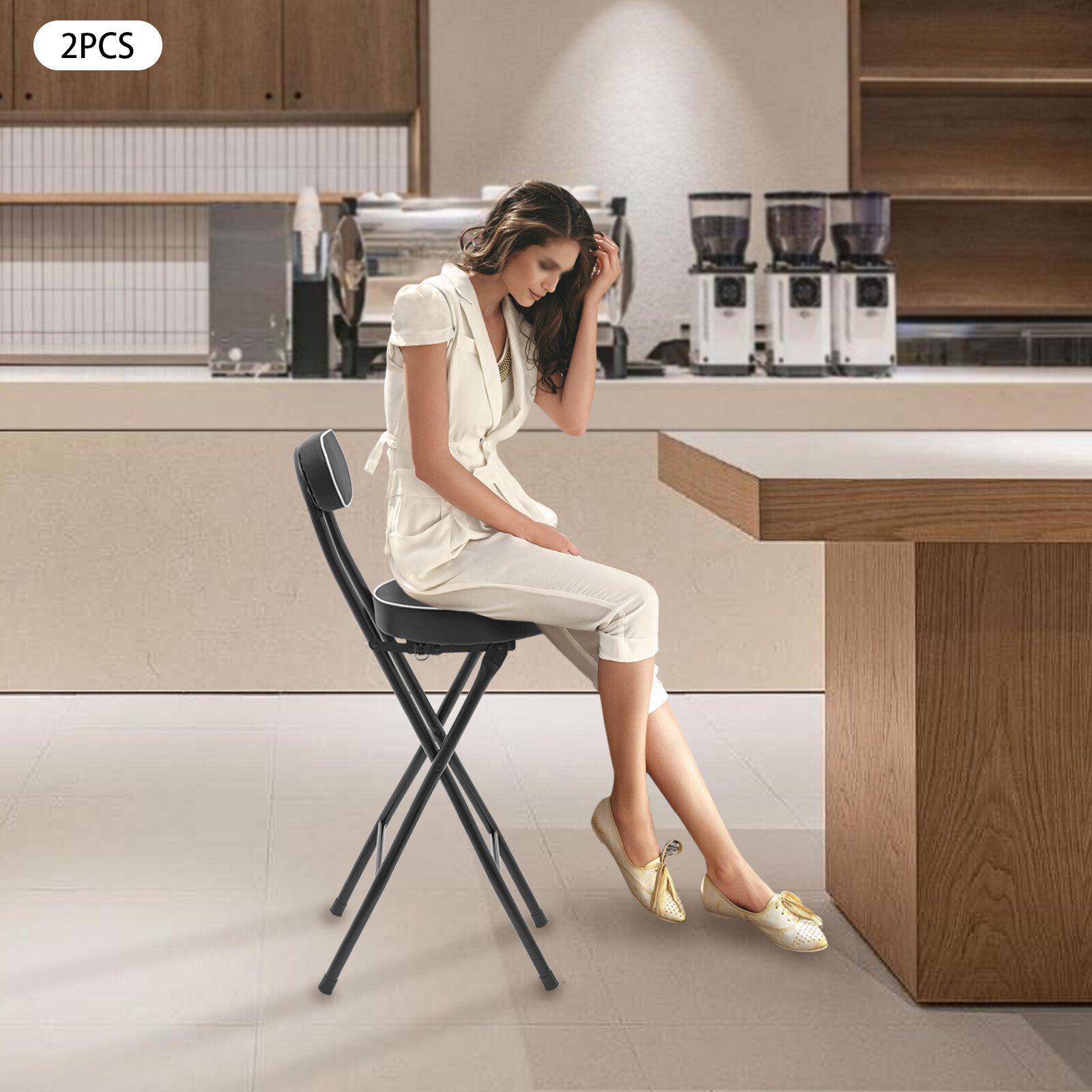 2pcs Black Counter Stool Bar Stool Portable Folding Kitchen Dining Chair