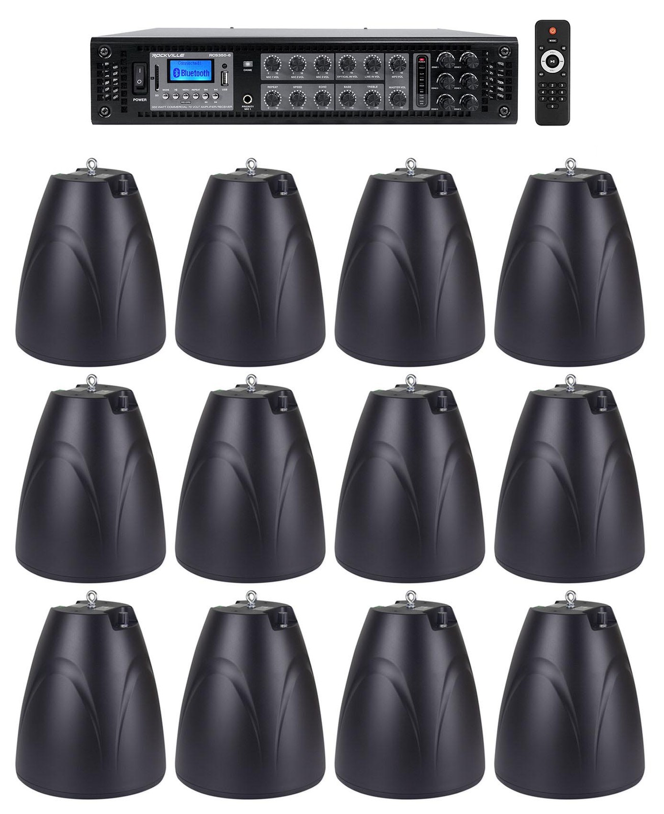 Rockville 6-Zone Amp Receiver+12) Black Pendant Speakers For Restaurant/Bar/Cafe