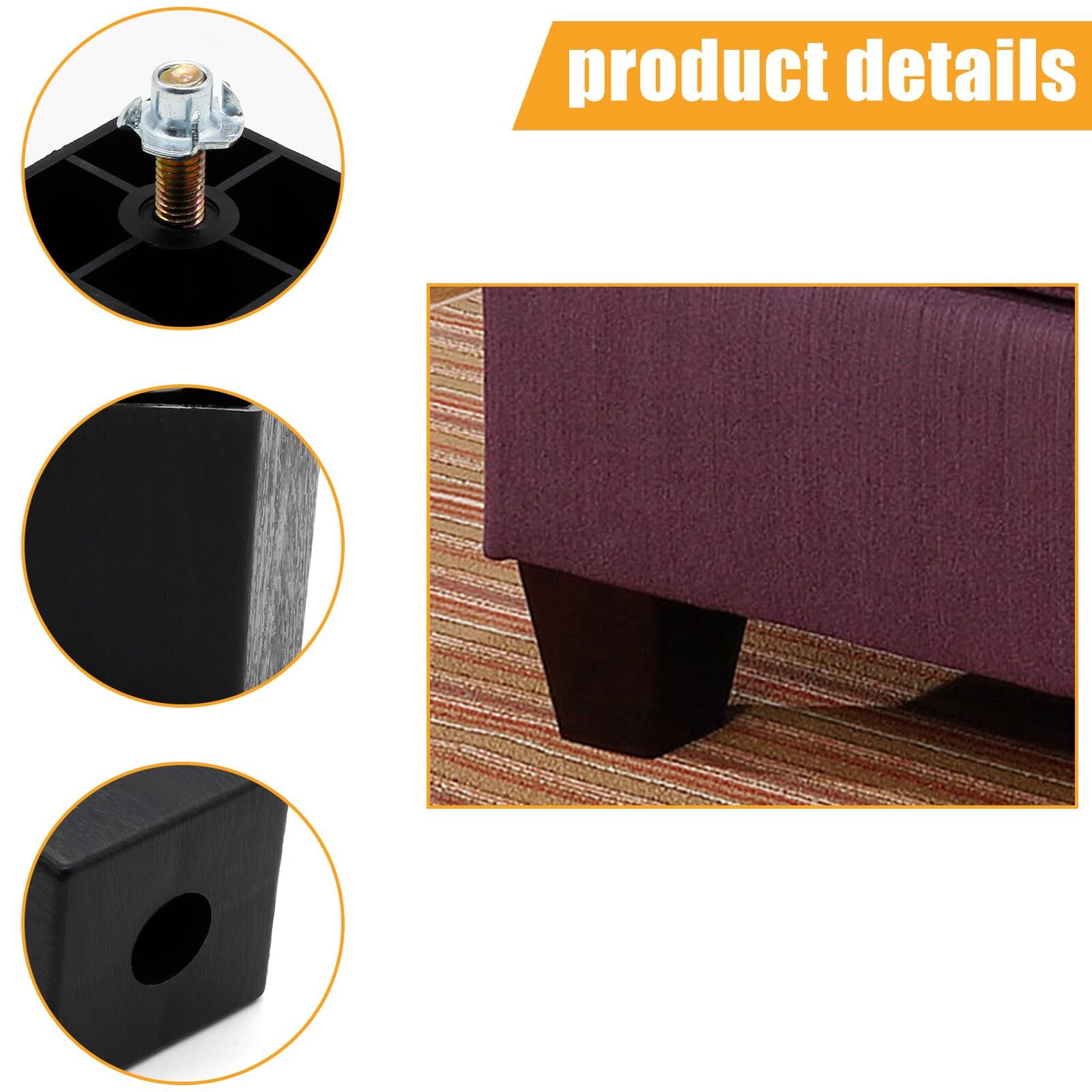 4Pcs 2 Inch Plastic Furniture Legs Square Sofa Legs Black Couch Legs M8 Threa...