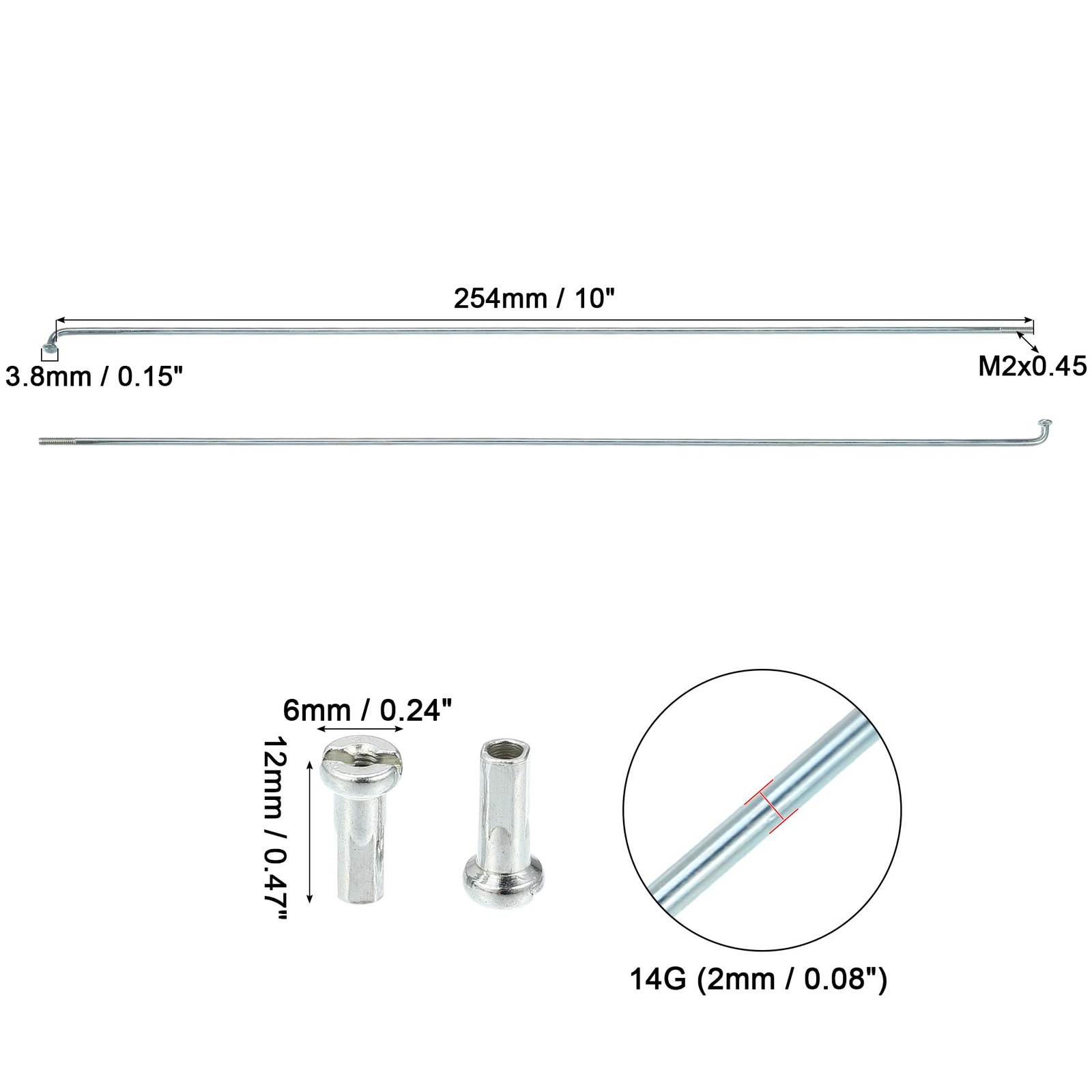 36 Pcs 14G J Bend 254mm x 2mm Bike Bicycle Spokes with Nipples Steel Silver Tone