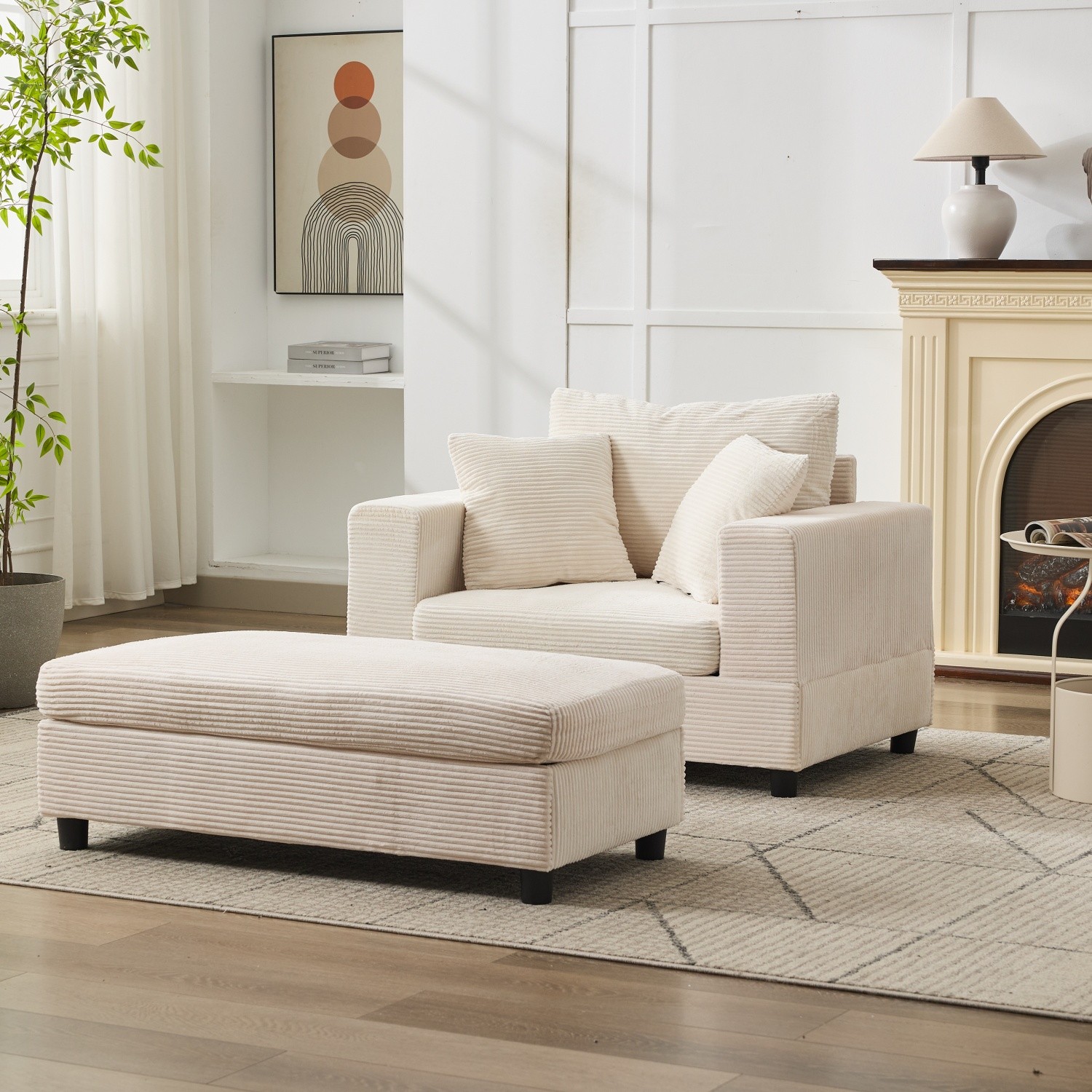 Modern Upholstered Chaise Lounge Armchair with Removable Ottoman for Living Room