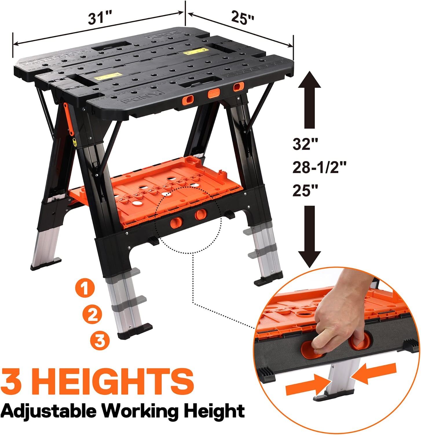 Pony Portable Folding Work Table 31” W×25” D×25”-35”H Large Load Capacity NEW