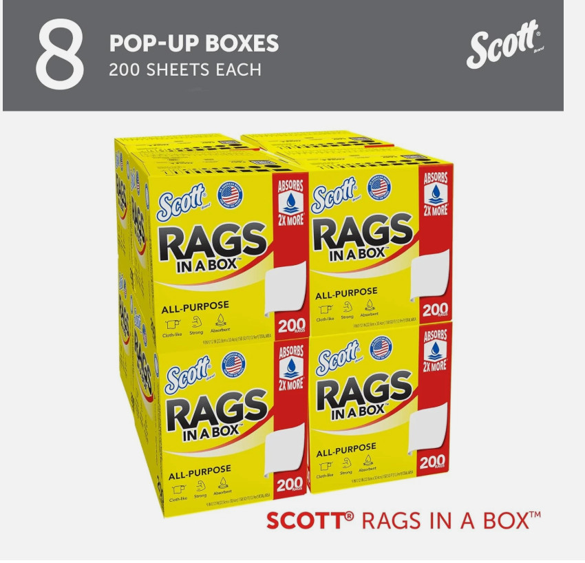 Scott Rags In A Box (75260),9"x12" Paper Towel,(8 Boxes of 200 Sheets)