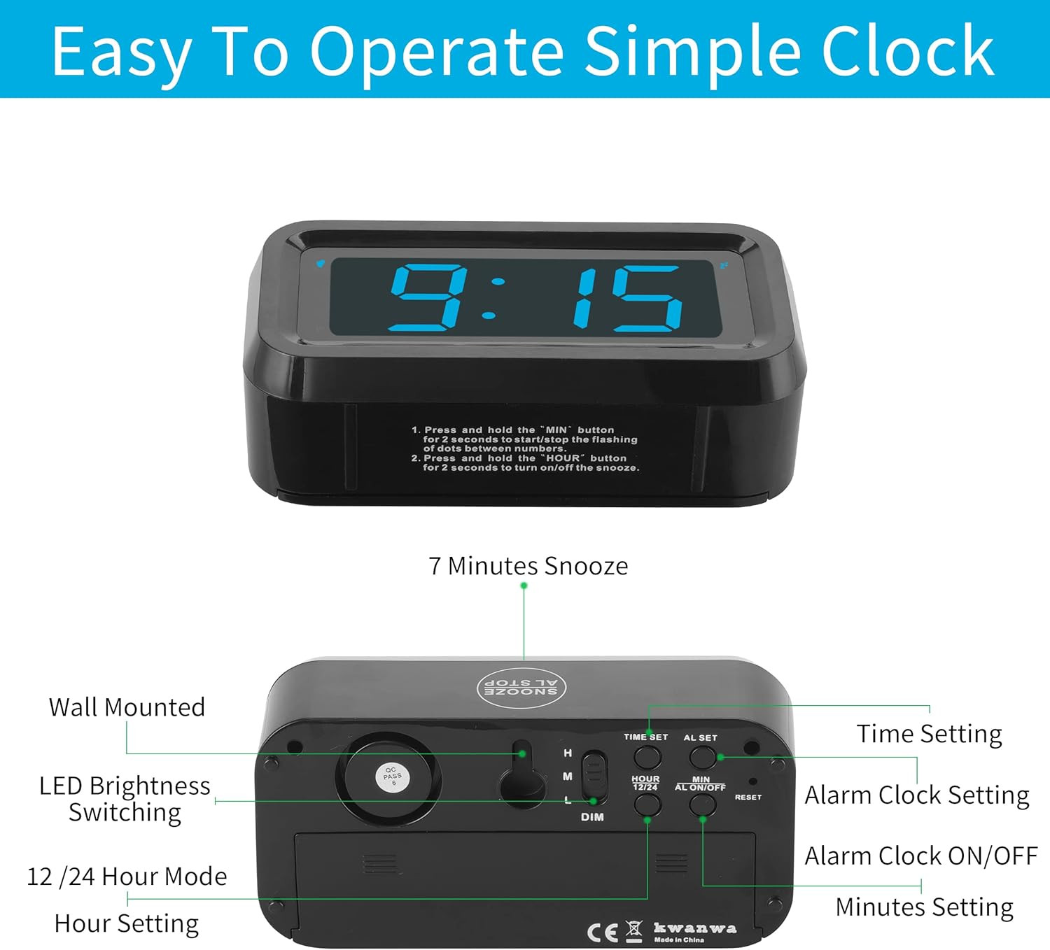Alarm Clock, Digital Clock, Constantly 1.2'' LED Blue Digits Display, Battery Po