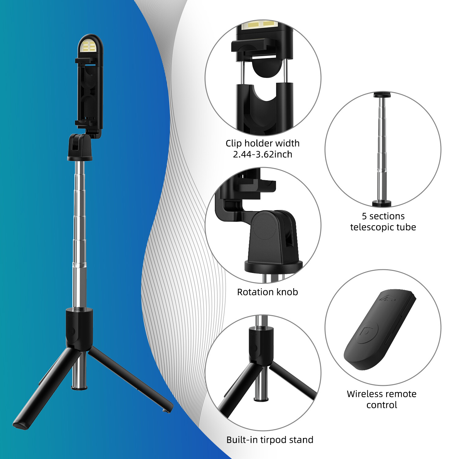 Selfie Stick Tripod Bluetooth Wireless Remote Stand For iPhone 15 Pro Max 14 13