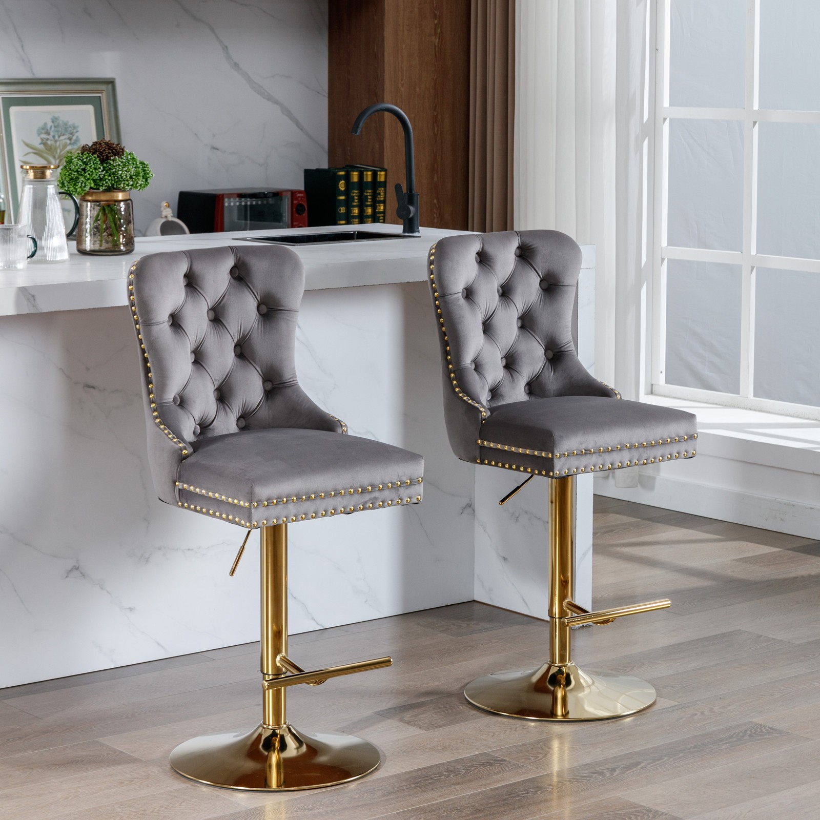 A&A Furniture Golden Swivel Velvet Barstools - Adjustable (27-35"), Tufted
