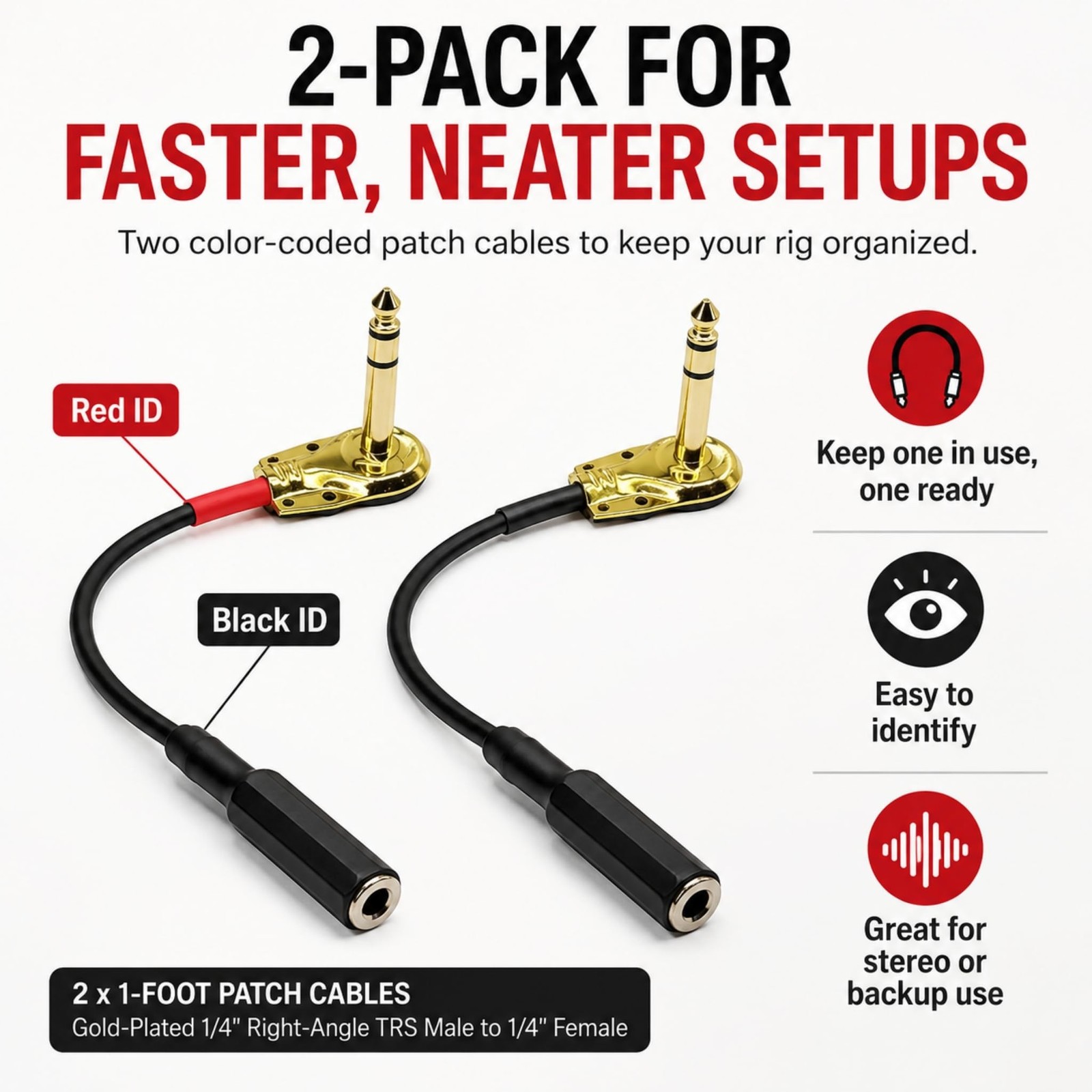 TRS Patch Cable 1/4 Right Angle 1Ft 2-Pack Gold Plated OFC for Pedalboard | 2...