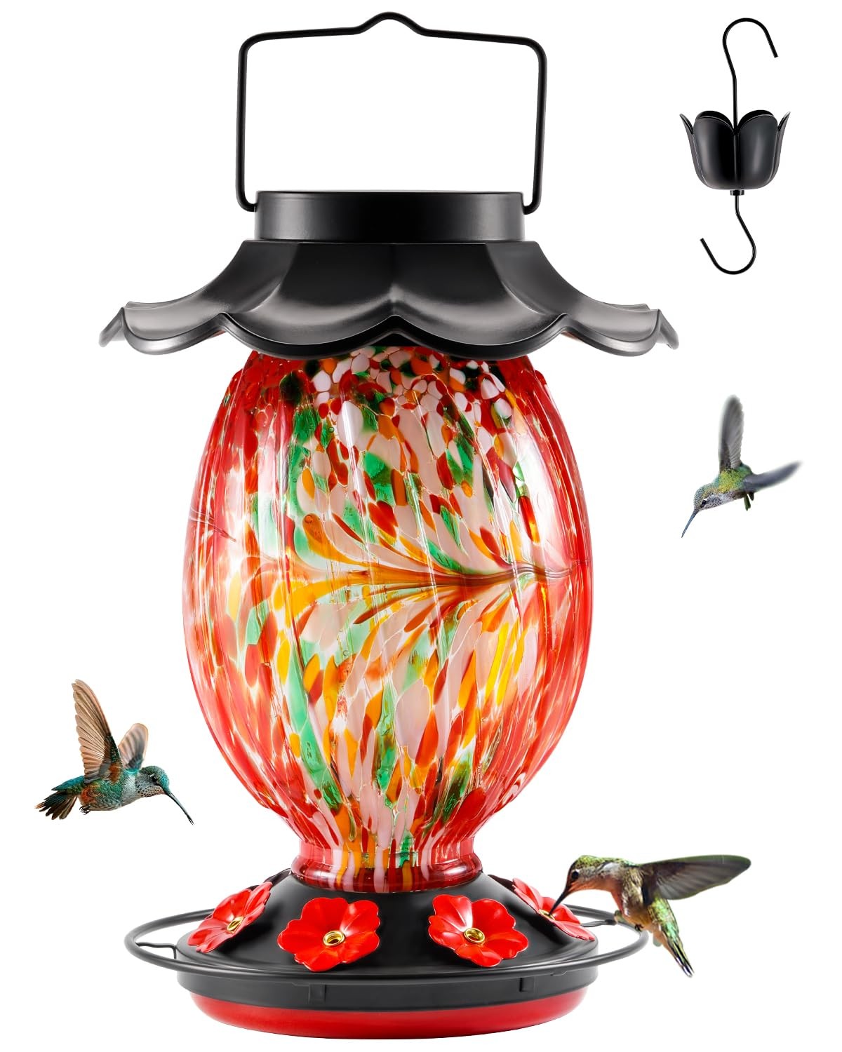 HouseSapp Solar Hummingbird Feeder - 49 fl.oz Hand Blown Glass Color Red