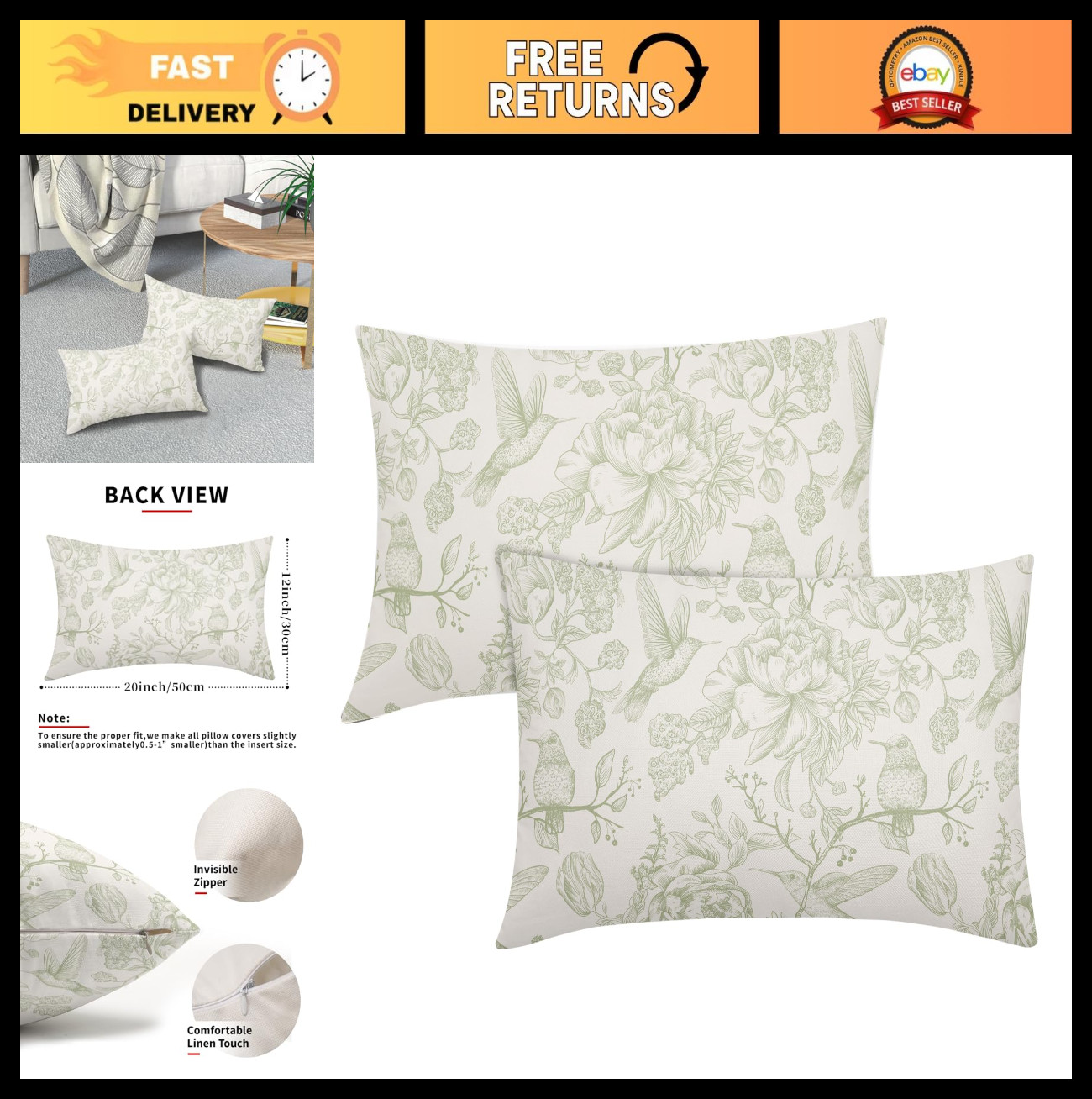 Chinoiserie Floral Lumbar Pillow Covers Set of 2, 12x20 Inch, Vintage Birds & Fl
