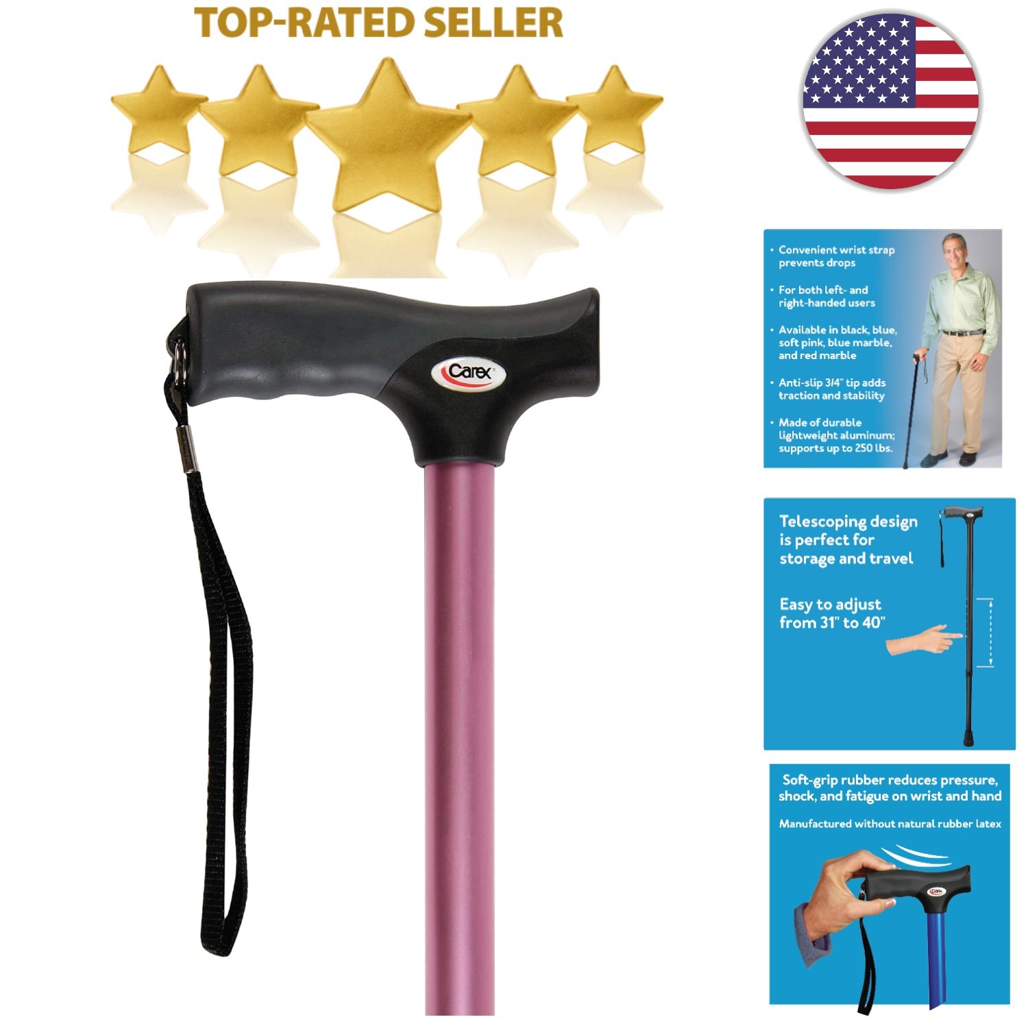 Pink Soft Grip Walking Cane - Adjustable Height, Wrist Strap
